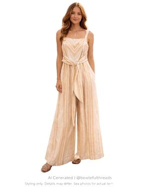 Boho Coastal Linen Wrap Jumpsuit Wide Leg Resort Chic Neutral Stripe